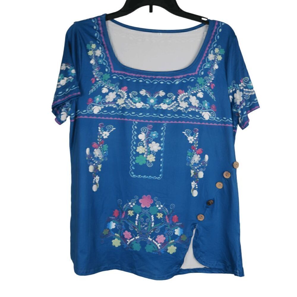 Women's Blue Floral Print Short Sleeve Button-accent Top L
